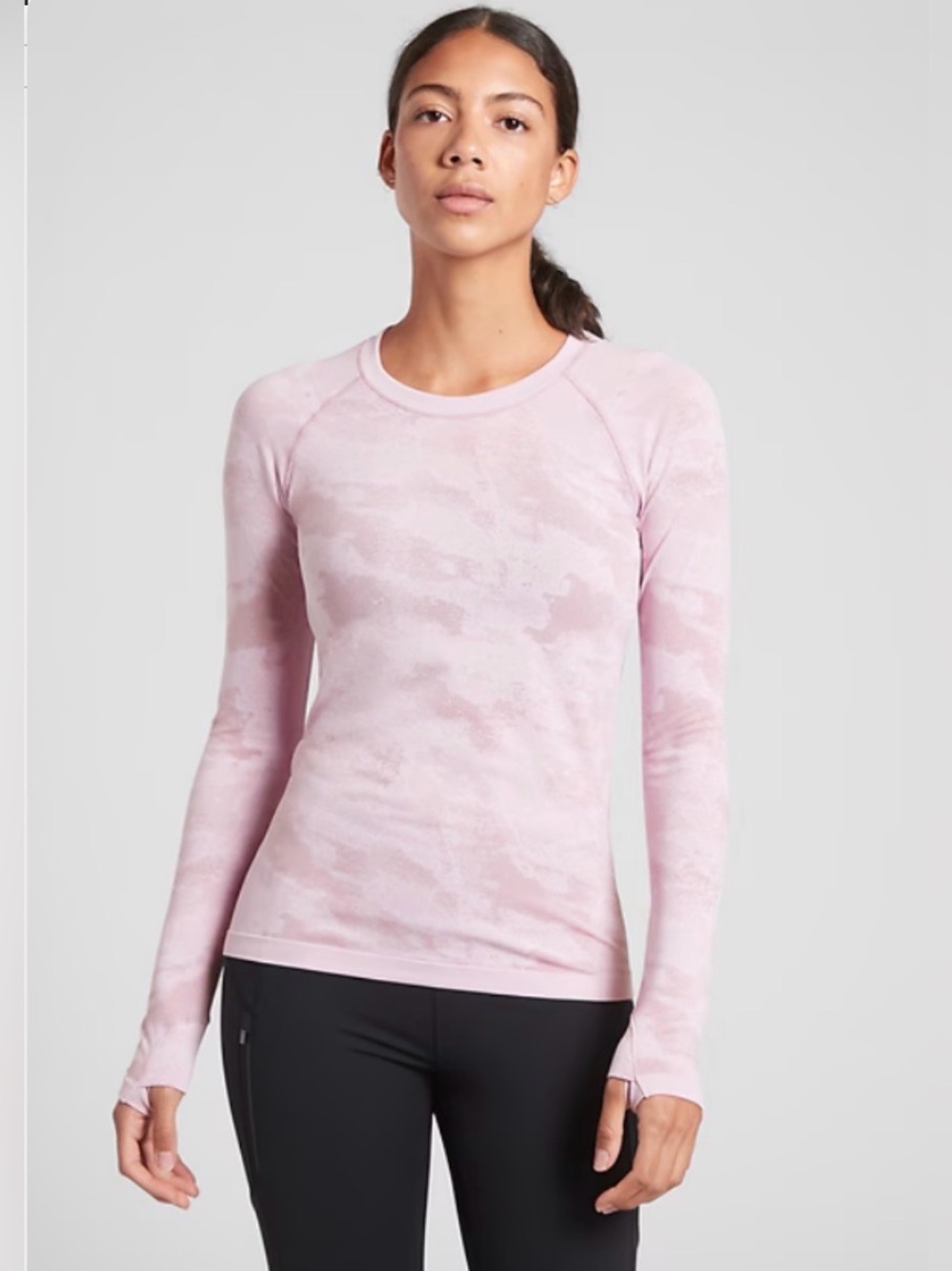 Athleta Pale Momentum Pale Pink Camo Long Sleeve Crewneck Tee